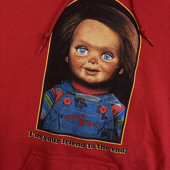Child's Play - CHUCKY - I’m Your Friend To The End Good Guys Red Hoodie Size S - Picture 2 of 10